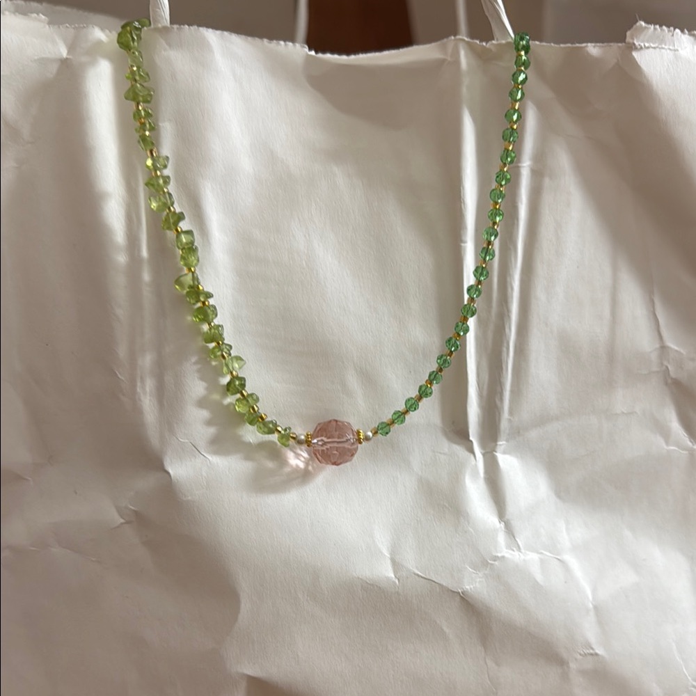 Natural Peridot Gemstone&Green Spinel Necklace with Pink Quatz